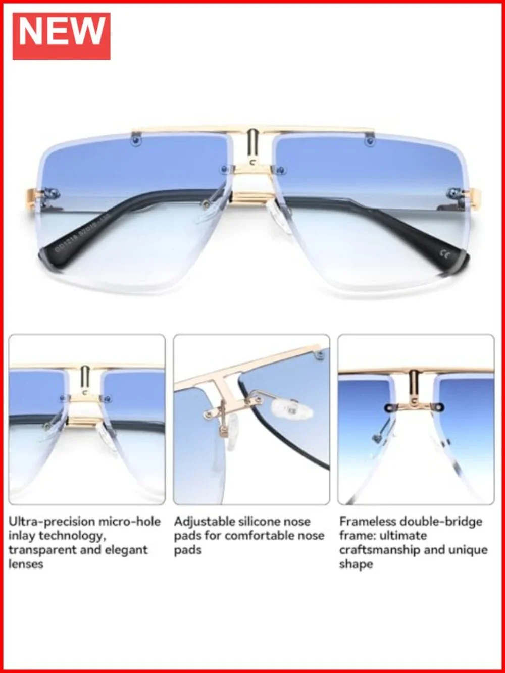Rimless Oversized Square Sunglasses Trendy Big Shades Gold Metal Frame UV400